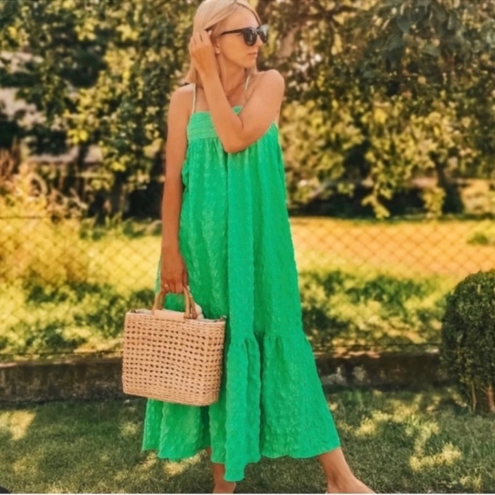 Zara Green Smocked Strapless Maxi Dress